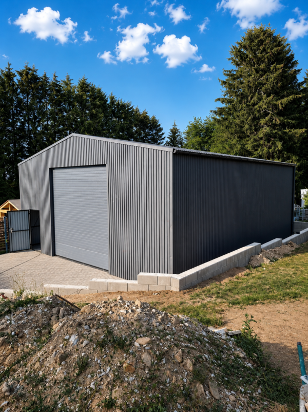 Stahlhalle 10x18 m mit elektrischem Rolltor und Stahlkonstruktion